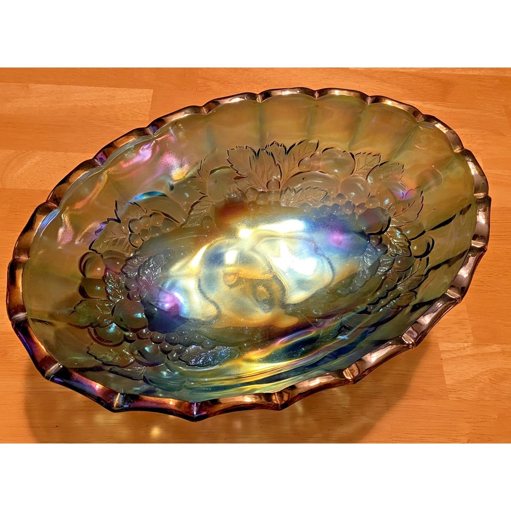 Vtg Indiana Glass Carnival Iridescent Blue Harvest Grape Oval Fruit Bowl